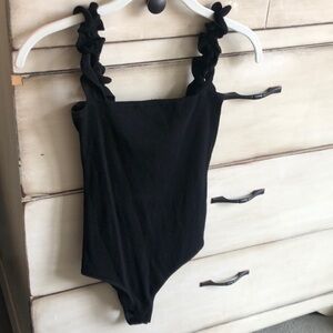 Reformation Black Ribbed Bodysuit with Ruffle Straps